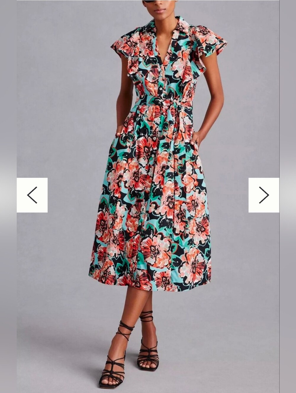 Anthropologie Maeve Flutter Sleeve Floral Midi Button Down Shirt Dress Medium